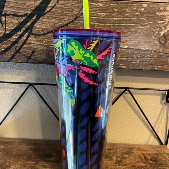 Starbucks Floral Leaves Purple Neon Green Spotted 24 Ounce Tumbler - Picture 3 of 9